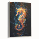 Framed wall art featuring a silver-hued seahorse design on canvas, showcasing intricate details and vibrant marine life elements, perfect for coastal decor.