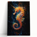 Colorful stretched canvas wall art depicting a detailed seahorse design, showcasing intricate marine life patterns, perfect for ocean-themed decor.