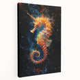 Stretched canvas wall art showcasing a vibrant marine life design featuring a detailed seahorse in shades of blue and green, ideal for ocean-themed decor.