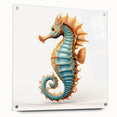 Close-up of a marine life-themed wall art collection featuring a vibrant seahorse design printed on acrylic glass, showcasing intricate details and color.