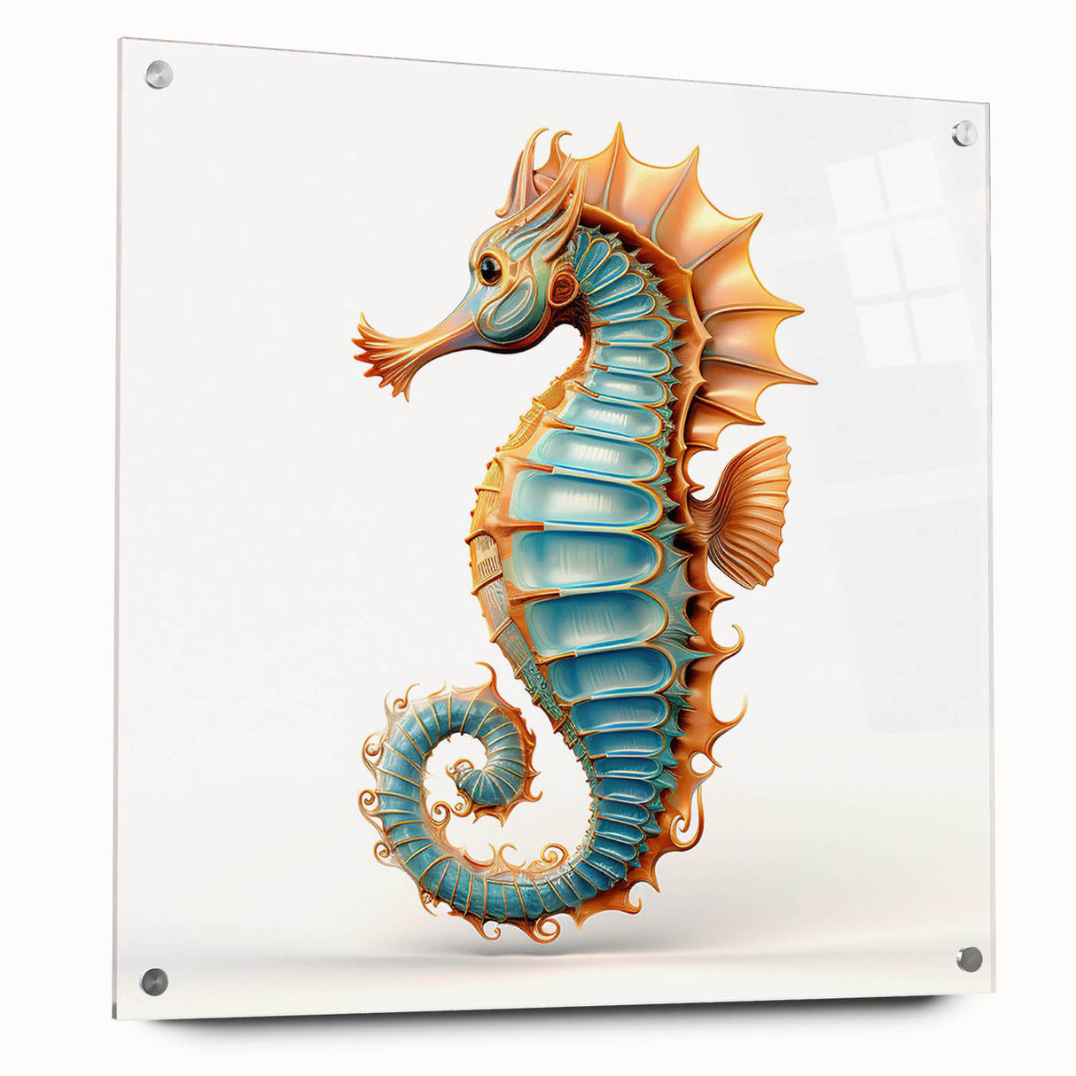 Close-up of a marine life-themed wall art collection featuring a vibrant seahorse design printed on acrylic glass, showcasing intricate details and color.