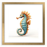 Elegant gold-framed wall art featuring a vibrant marine life seahorse design, ideal for ocean-themed decor, showcasing intricate details against a soft background.