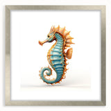 Seahorse-themed wall art print in a sleek silver frame, featuring vibrant marine life design with intricate details, perfect for ocean-inspired decor.