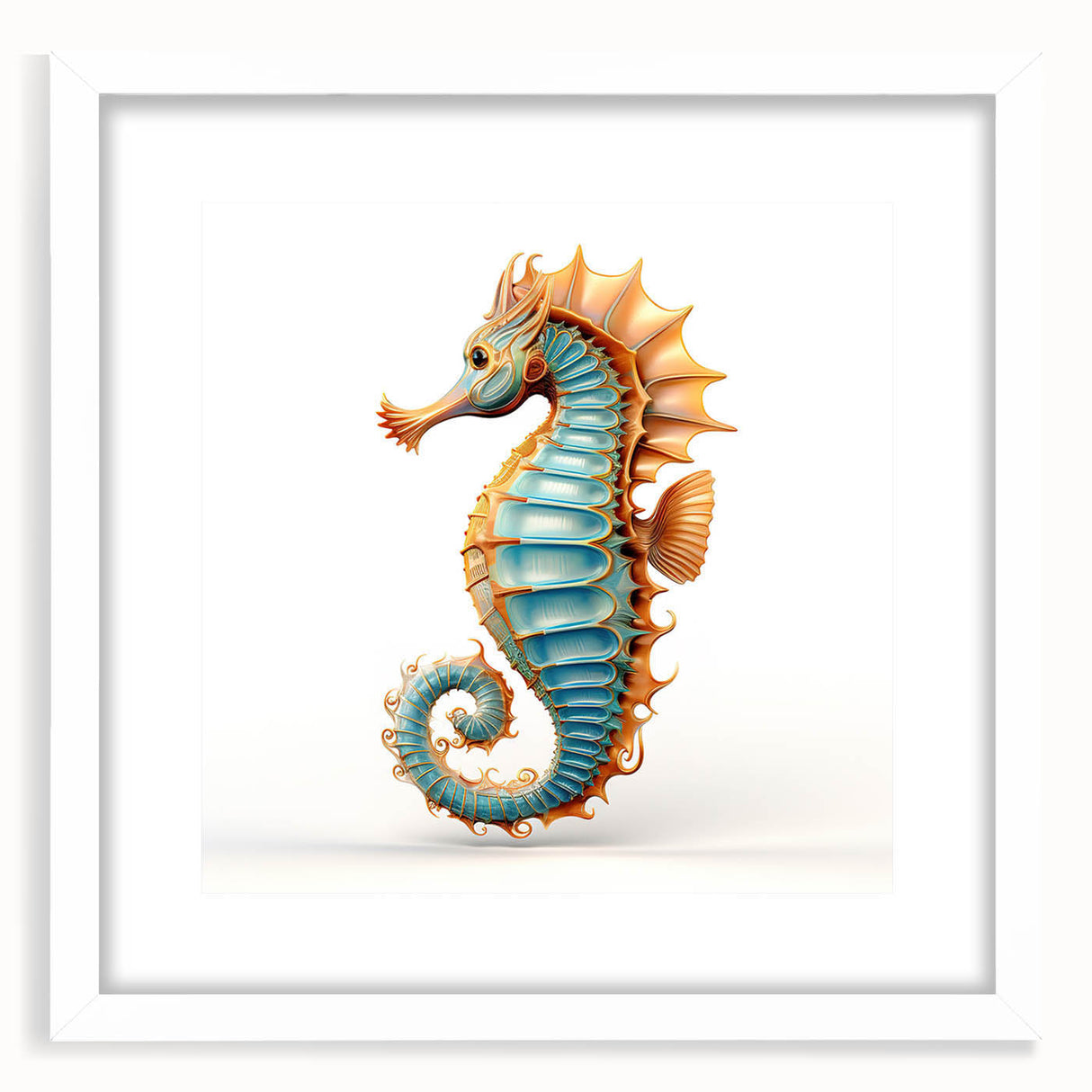 Framed wall art featuring a colorful marine life seahorse design in a white mat, perfect for coastal-themed decor. Ideal for ocean lovers and vibrant home accents.