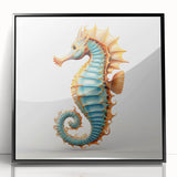 Framed acrylic wall art featuring a vibrant seahorse design in a black frame, ideal for marine life enthusiasts and coastal decor lovers, enhancing any living space.