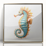 Framed wall art featuring a vibrant marine life seahorse design, set against a gold-acrylic background, ideal for ocean-themed interior decor.