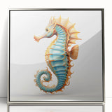Framed wall art featuring a vibrant marine life design showcasing a seahorse in an elegant silver frame, perfect for ocean-themed decor enthusiasts.