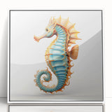 Framed wall art collection showcasing a vibrant seahorse design in acrylic, featuring a white frame that enhances its marine life theme, ideal for coastal decor.