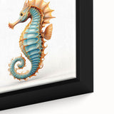 Close-up of a vibrant seahorse design in a framed canvas wall art piece, showcasing intricate details and rich colors, perfect for marine life enthusiasts.