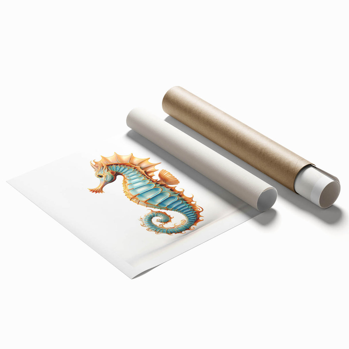 Colorful seahorse wall art print showcasing intricate marine life design, ideal for ocean-themed decor, rolled and ready for framing or display.