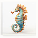 Stretched canvas wall art showcasing a vibrant marine life design featuring intricate seahorse illustrations in blue and green hues, perfect for ocean-themed decor.