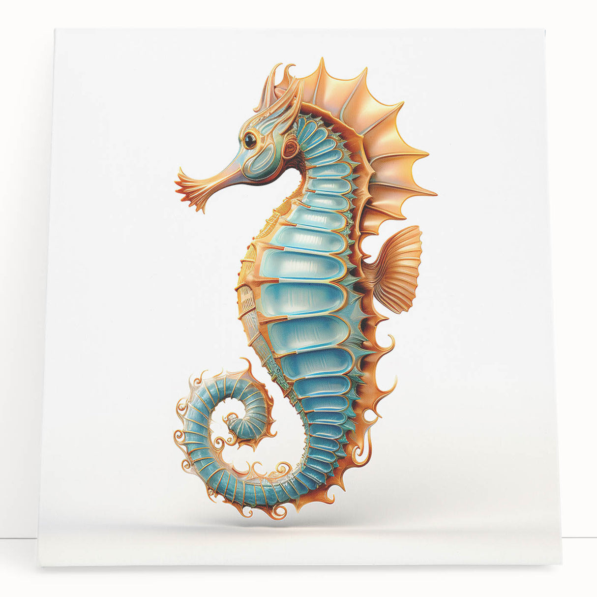 Vibrant seahorse wall art design on stretched canvas, showcasing intricate marine life details and colorful underwater hues, perfect for ocean-themed decor.