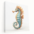Stretched canvas wall art featuring a vibrant marine life design with a detailed seahorse illustration in shades of blue and green, perfect for ocean-themed decor.