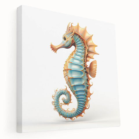 Stretched canvas wall art featuring a vibrant marine life design with a detailed seahorse illustration in shades of blue and green, perfect for ocean-themed decor.