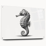 Close-up of a vibrant acrylic wall art piece featuring a detailed seahorse design, showcasing intricate marine life colors and textures, ideal for ocean-themed decor.