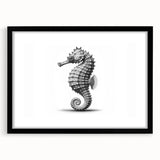 Framed wall art collection featuring a detailed seahorse design, set against a sleek black mat, perfect for marine life enthusiasts and home decor.