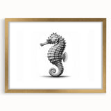 Gold-framed wall art featuring a detailed seahorse design, showcasing vibrant marine life colors with a matting for enhanced presentation, perfect for ocean-themed decor.