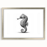 Framed wall art displaying a detailed seahorse design with marine life elements, featuring a silver frame and mat, perfect for coastal-themed decor.
