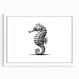 Framed marine life wall art featuring a detailed seahorse design in vibrant colors, set against a white mat, ideal for ocean-themed decor. Perfect for enhancing coastal interiors.