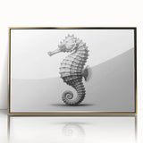Framed wall art featuring a vibrant marine life design of a seahorse, crafted with acrylic and a gold frame, perfect for ocean-themed decor.