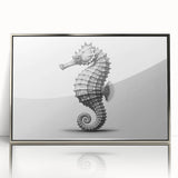 Framed wall art showcasing a beautifully detailed seahorse design in vibrant colors, set in a sleek silver frame, perfect for marine life enthusiasts and home decor.