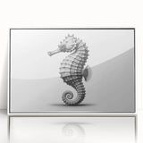 Framed wall art collection showcasing a vibrant marine life design featuring a colorful seahorse against a white background, perfect for ocean-themed decor.