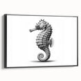 Framed canvas wall art featuring a vibrant marine life design of a seahorse, set against a black background, showcasing intricate details and textures. Perfect for ocean-themed decor enthusiasts seeking to enhance their space with unique aquatic art.