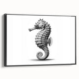Framed canvas wall art featuring a vibrant marine life design of a seahorse, set against a black background, showcasing intricate details and textures. Perfect for ocean-themed decor enthusiasts seeking to enhance their space with unique aquatic art.