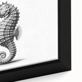Close-up of a framed canvas wall art featuring a vibrant marine life design of a seahorse, showcasing intricate details and vivid colors, perfect for ocean-themed decor.