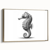 Framed canvas wall art showcasing a vibrant seahorse design in gold tones, emphasizing marine life aesthetics, perfect for coastal or nautical decor.