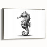 Framed canvas wall art showcasing a detailed silver-hued seahorse design, perfect for marine-themed decor, enhancing any coastal living space with elegance.