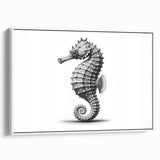 Framed canvas wall art featuring a vibrant marine life design showcasing a detailed seahorse against a white background, perfect for coastal-themed decor.