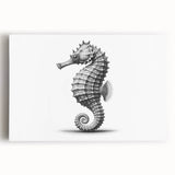 Vibrant seahorse wall art design on stretched canvas showcasing intricate marine life details, perfect for ocean-themed decor in homes or offices.