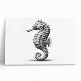 Stretched canvas wall art featuring an intricate seahorse design in vibrant ocean colors, perfect for marine-themed decor or beach house aesthetics.