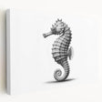 Stretched canvas wall art featuring a vibrant marine life design with a detailed seahorse in shades of blue and coral, perfect for ocean-themed decor.