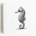 Stretched canvas wall art featuring a vibrant marine life design with a detailed seahorse in shades of blue and coral, perfect for ocean-themed decor.