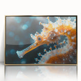 Framed wall art featuring a vibrant marine life design with a seahorse in gold-acrylic finish, perfect for coastal decor enthusiasts and art collectors.