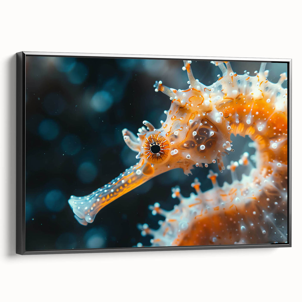 Framed canvas wall art showcasing a vibrant marine life seahorse design, featuring intricate details and a sleek black frame, ideal for ocean-themed decor.