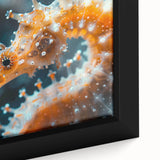 Close-up of a framed canvas wall art featuring a vibrant seahorse design, showcasing intricate details and colors, perfect for marine life enthusiasts and home decor.