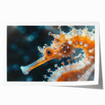Elegant wall art print showcasing a vibrant seahorse design in oceanic colors, perfect for marine life enthusiasts. Ideal decor for coastal-themed interiors.