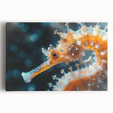 Vibrant seahorse wall art on stretched canvas, showcasing intricate marine life design in soothing blue and green tones, perfect for coastal-themed decor.