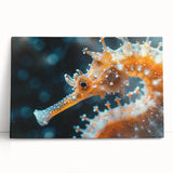 Seahorse wall art design on stretched canvas, featuring vibrant aquatic colors and intricate detailing, perfect for marine-themed decor in living spaces.