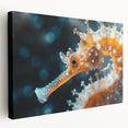 Colorful seahorse wall art design on stretched canvas, showcasing intricate marine life details against a vibrant blue background, perfect for aquatic-themed decor.