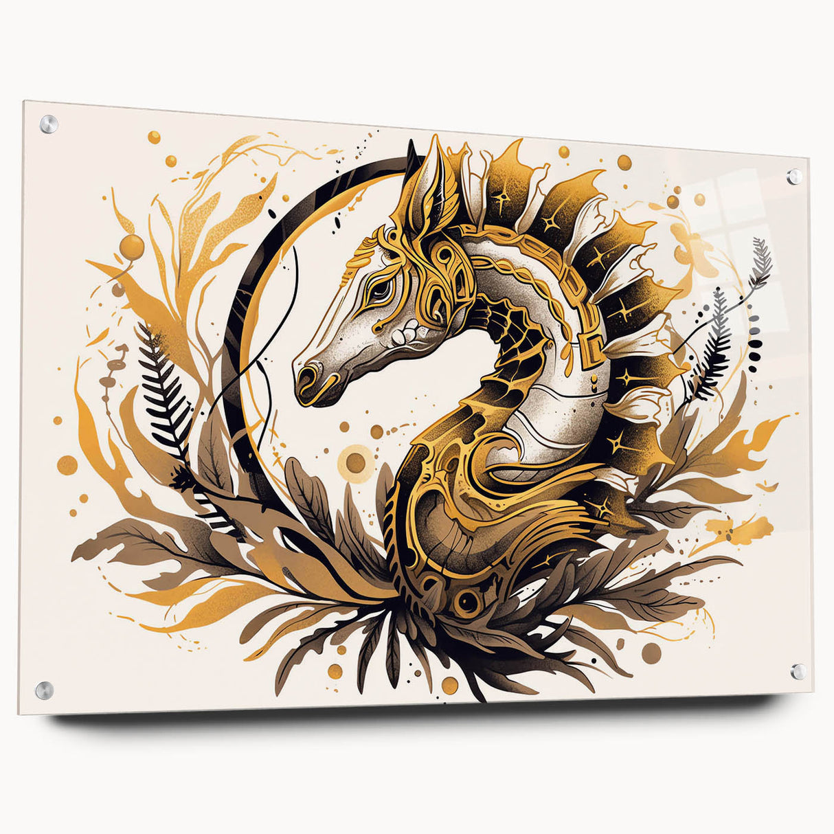 Vibrant seahorse wall art collection displayed in acrylic glass, showcasing intricate marine life design with colorful pins, perfect for nautical-themed decor.