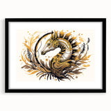 Black-framed wall art featuring a vibrant seahorse design, part of a marine life collection, showcasing intricate details and vivid colors for ocean-inspired decor.