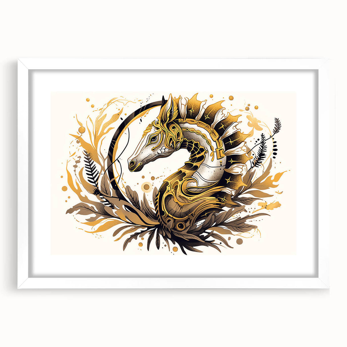 Framed wall art featuring a vibrant marine life seahorse design, surrounded by a white mat, perfect for coastal-themed home decor. Ideal for adding a touch of the ocean to any room.