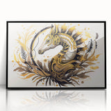 Framed wall art featuring a detailed seahorse design in vibrant colors, set against a sleek black frame, perfect for marine life enthusiasts and home decor.