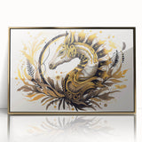 Framed wall art featuring a detailed seahorse design in vibrant colors, set against a sleek gold-acrylic frame, perfect for marine life enthusiasts. Ideal for home decor.