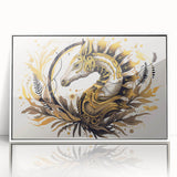 Framed wall art featuring a vibrant marine life design with a seahorse, set in a sleek white frame, ideal for coastal decor enthusiasts.