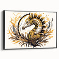 Framed wall art featuring a vibrant seahorse design on a textured canvas, set against a sleek black frame, perfect for marine life enthusiasts and modern decor.